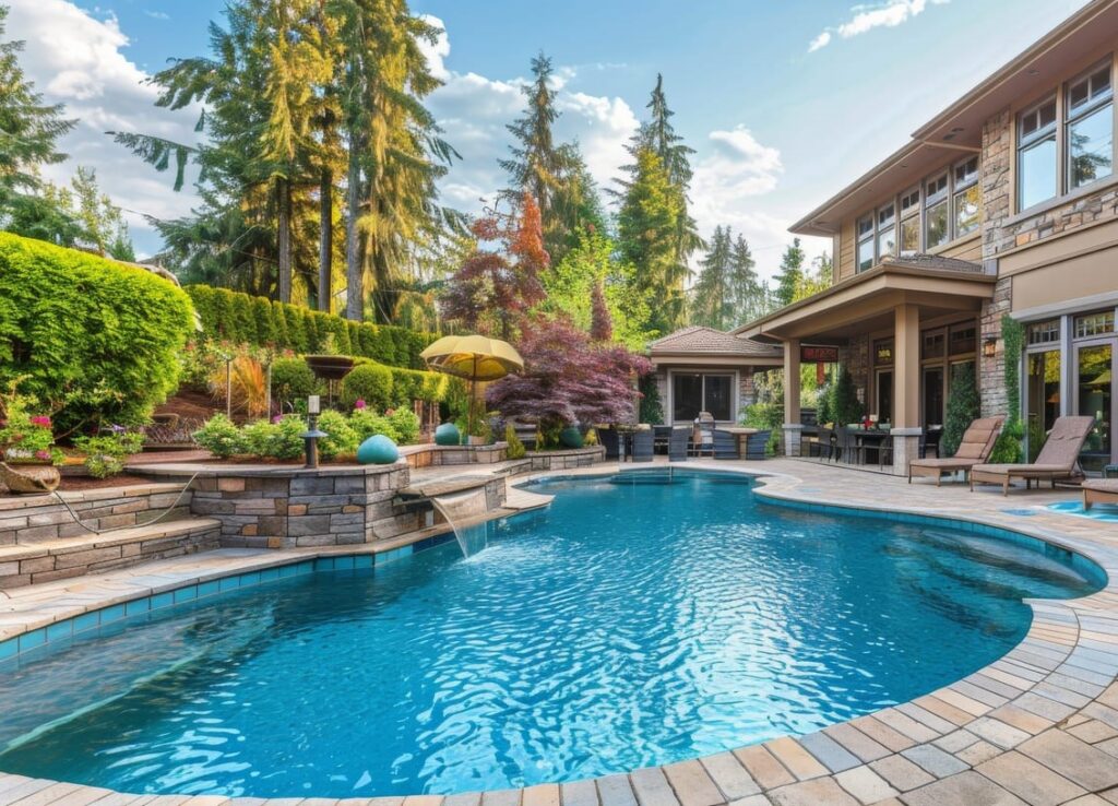 Pool in lush green yard